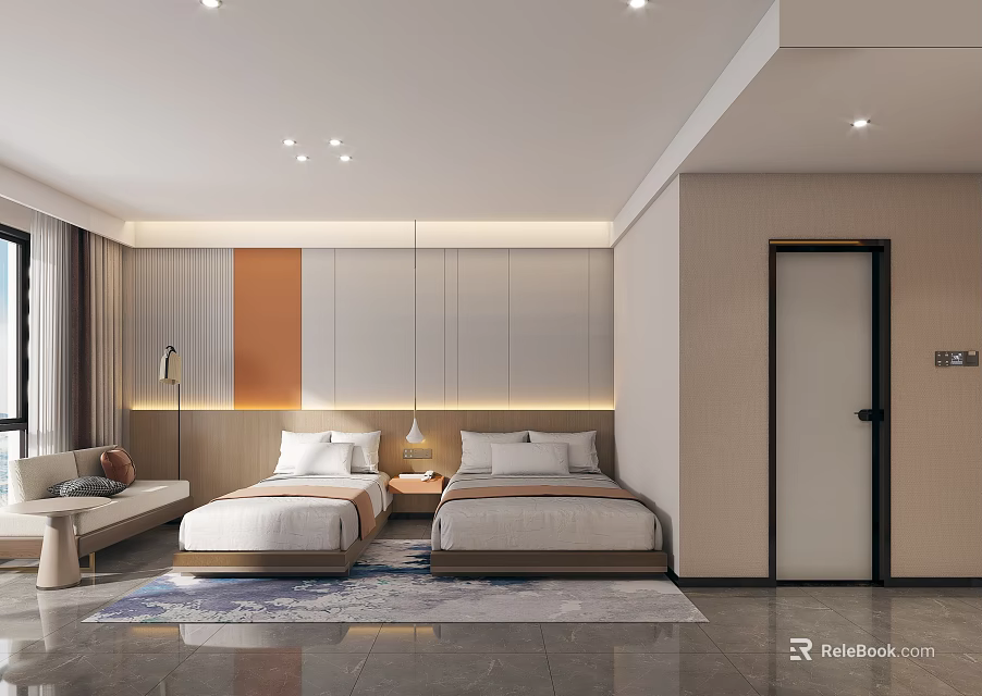 Modern Hotel Guest Room With Twin Beds Orange Gray Accent Wall And Cozy Sofa Area 3d model 
