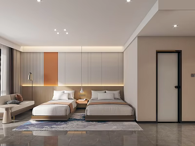 Modern Hotel Guest Room With Twin Beds Orange Gray Accent Wall And Cozy Sofa Area 3d model