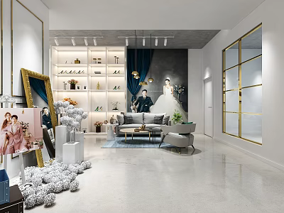 Bridal Shop Interior with Wedding Dress Displays Sofa Green Plants and Wall 3d model