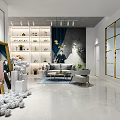 Bridal Shop Interior with Wedding Dress Displays Sofa Green Plants and Wall