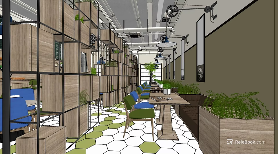 Cozy Cafe Interior With Wooden Shelves Green Plants Blue Chairs And Hexagonal Floor Tiles 3d model 