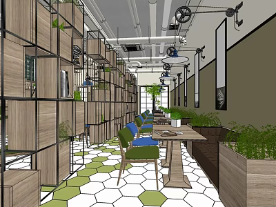 Cozy Cafe Interior With Wooden Shelves Green Plants Blue Chairs And Hexagonal Floor Tiles 3d model