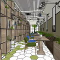 Cozy Cafe Interior With Wooden Shelves Green Plants Blue Chairs And Hexagonal Floor Tiles