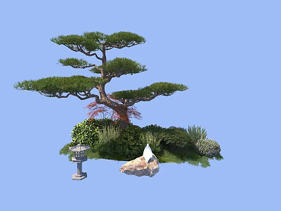 Bush Garden Display With Pine Tree Stone Lantern Rock And Green Plants 3d model