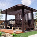 Outdoor Wooden Pavilion With Latticed Roof Circular Decoration Two People Sitting On Bench Tea Set