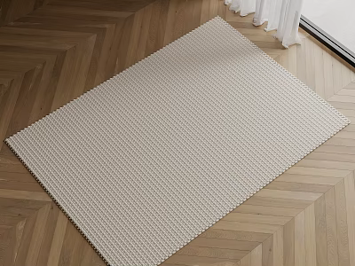 Modern Minimalist Light Beige Square Rug with Woven Grid Pattern on Herringbone Wooden Floor 3d model