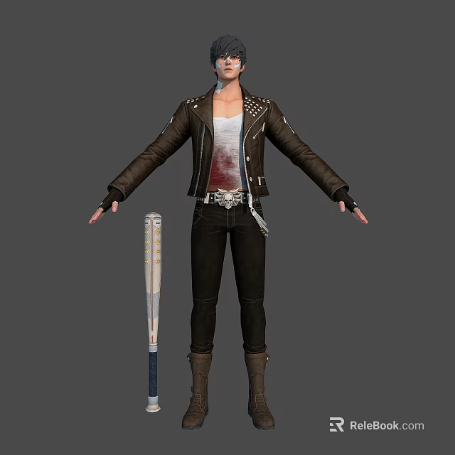 Human Character Wearing Leather Jacket White Tank Top Holding Baseball Bat With Arms Outstretched 3d model 