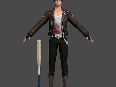 Human Character Wearing Leather Jacket White Tank Top Holding Baseball Bat With Arms Outstretched 3d model