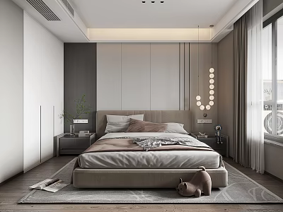 Modern Bedroom Interior Featuring Large Bed Nightstand Green Plant Light Curtains And Warm Ceiling Light 3d model