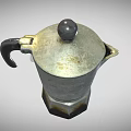 Vintage Metal Moka Pot With Black Handle And Burnt Bottom Design