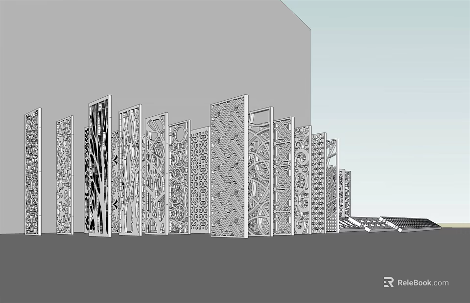 Modern Decorative Room Divider With Intricate Geometric Patterns And Metal Frames 3d model