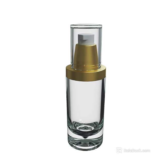 Transparent Glass Cosmetic Bottle Featuring Gold Pump Dispenser And Ring 3d model 