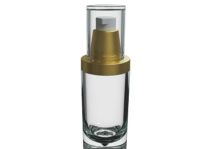 Transparent Glass Cosmetic Bottle Featuring Gold Pump Dispenser And Ring 3d model