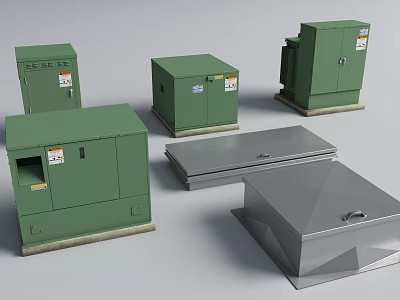 Green Electrical Control Cabinets And Gray Metal Enclosures For Industrial Use 3d model
