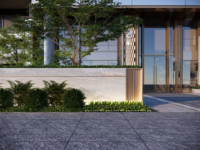 Modern Stone Feature Wall Design With Green Bushes And Building Entrance Lighting 3d model