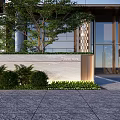 Modern Stone Feature Wall Design With Green Bushes And Building Entrance Lighting