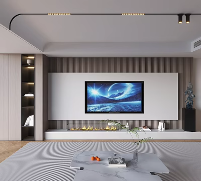 Modern TV Background Wall Design With Wooden Panels Fireplace And Flat Screen TV 3d model