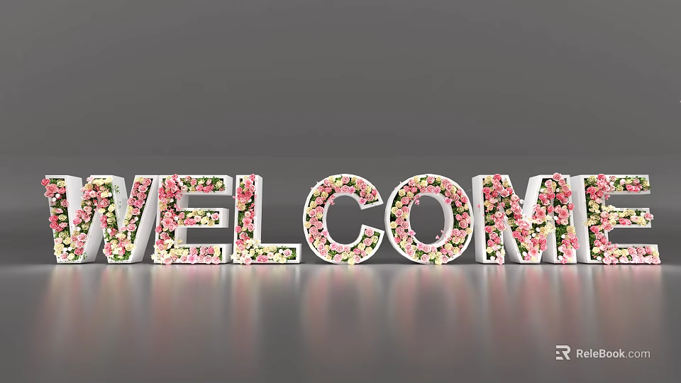 3D Welcome Letters Adorned With Vibrant Flower Decorations On Smooth Surface 3d model 