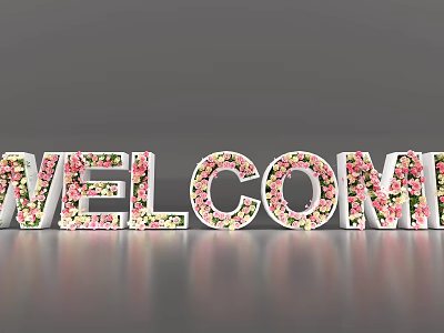 3D Welcome Letters Adorned With Vibrant Flower Decorations On Smooth Surface 3d model