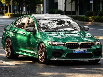 Green BMW M5 Sedan With Gold Wheels And Sporty Design On Urban Street 3d model