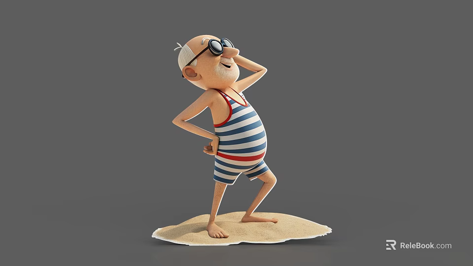 Cartoon Elderly Man Character in Blue and White Striped Outfit With Sunglasses Posing on Beach 3d model 