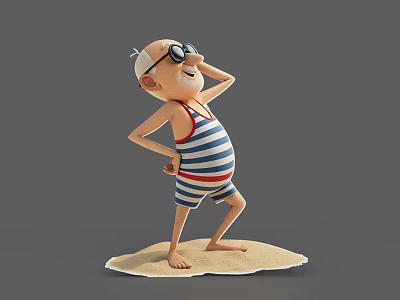 Cartoon Elderly Man Character in Blue and White Striped Outfit With Sunglasses Posing on Beach 3d model