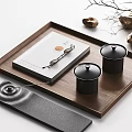 Modern Decorative Ornament Set With Black Vase Twigs Golden Stones Wooden Tray And Black Jars