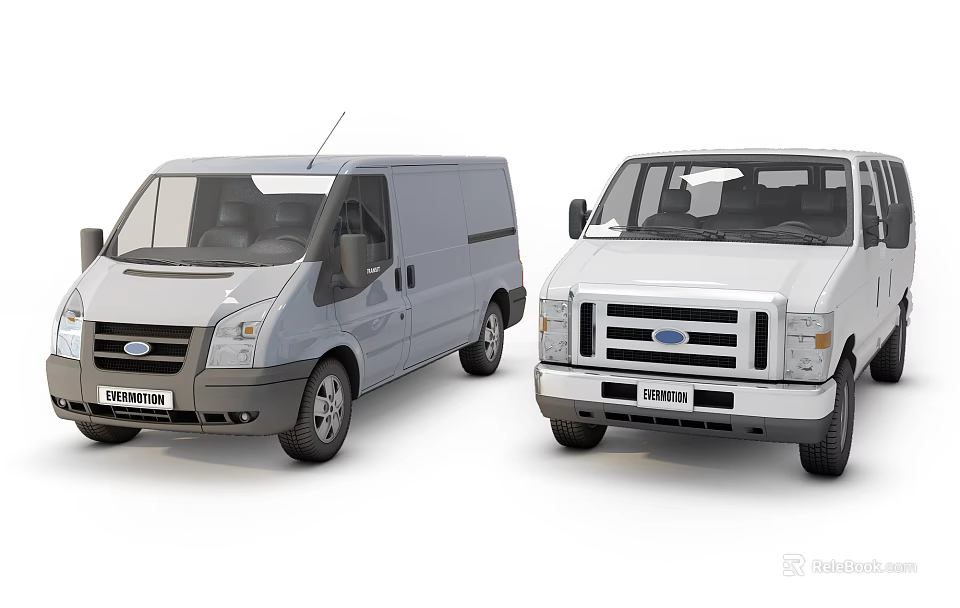 Ford Commercial Van And Pickup Truck Models In Silver And White 3d model 