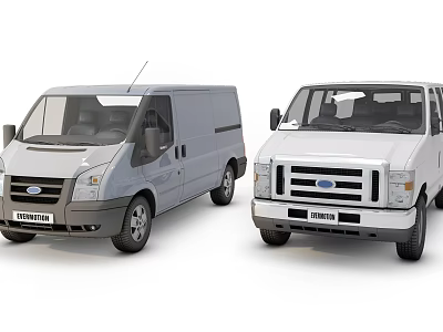 Ford Commercial Van And Pickup Truck Models In Silver And White 3d model