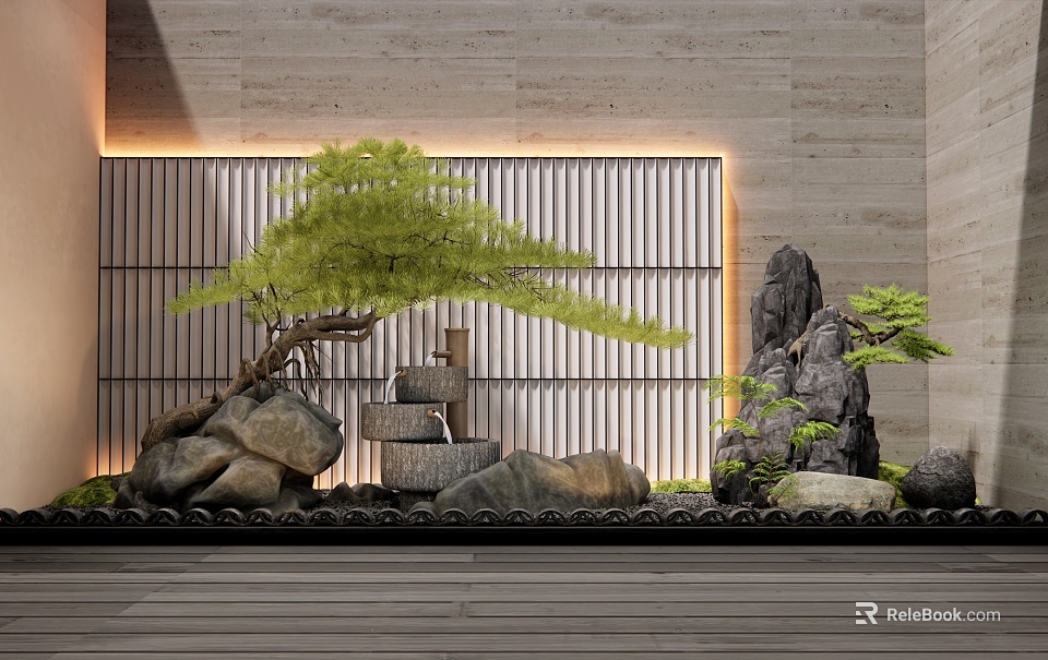 Zen Natural Indoor Landscape With Pine Tree Stacked Stones Slatted Screen And Stone Wall Lighting 3d model 