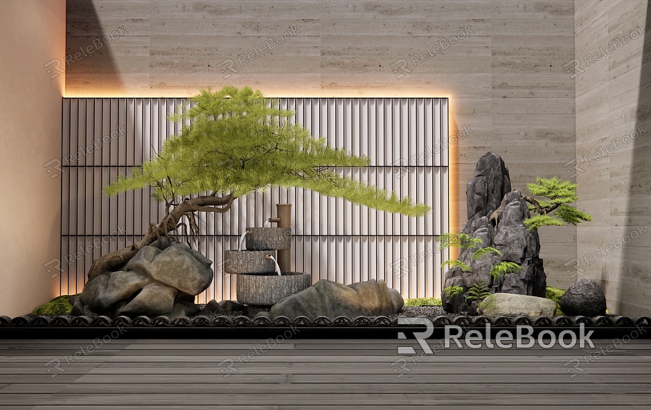 New Chinese-style Interior Stone Pine Tree Landscape Landscaping Waterscape Courtyard Setches Stone Landscape Stone Pine Tree Water Bowl model