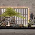 Zen Natural Indoor Landscape With Pine Tree Stacked Stones Slatted Screen And Stone Wall Lighting