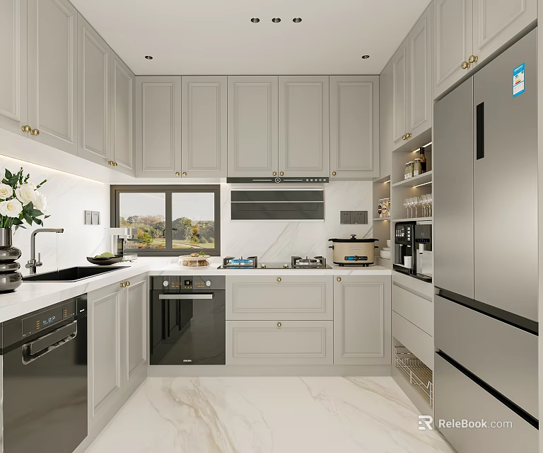 Modern Gray Kitchen Interior With White Countertop And Stainless Steel Appliances 3d model 