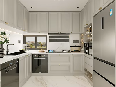 Modern Gray Kitchen Interior With White Countertop And Stainless Steel Appliances 3d model