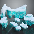 Garden Landscape With Blue Ice Blocks In Various Shapes And Transparent Texture
