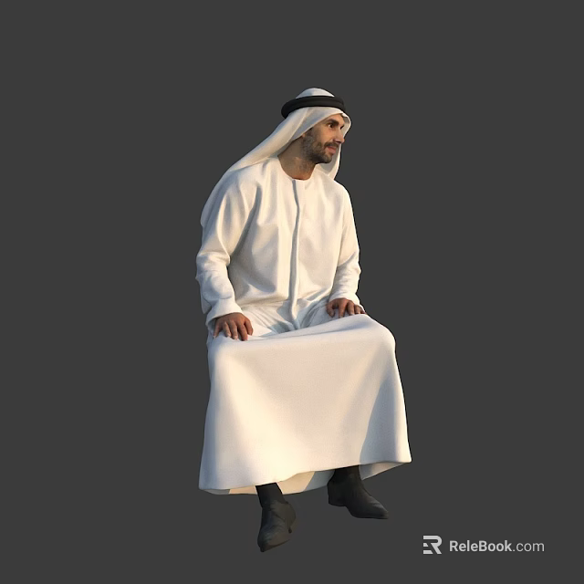 Middle Eastern Man Wearing Traditional White Thobe And Black Agal Sitting Against Gray Background 3d model 
