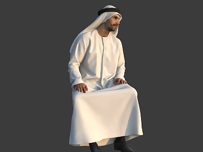 Middle Eastern Man Wearing Traditional White Thobe And Black Agal Sitting Against Gray Background 3d model