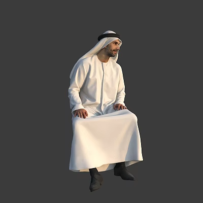 Middle Eastern Man Wearing Traditional White Thobe And Black Agal Sitting Against Gray Background 3d model