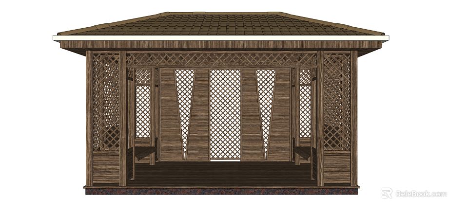 Garden Pavilion With Wooden Structure Latticed Panels Sloped Roof And Interior Benches 3d model 