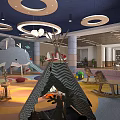 Kids Playroom Interior With Elephant Slide Colorful Circular Flooring And Round Pendant Lights