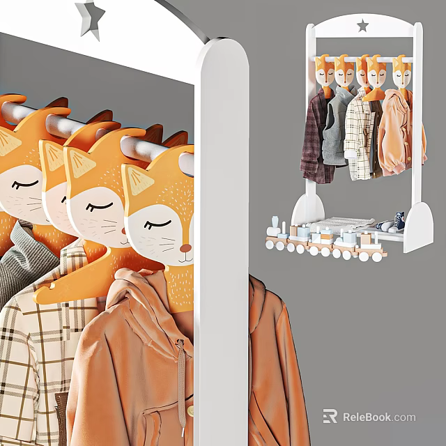 Cute Fox Shaped Kids Clothes Hangers And Train Shaped Hooks 3d model
