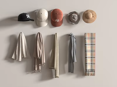 Stylish Clothing Hats And Scarves Hanging On Wall With Various Colors And Styles 3d model