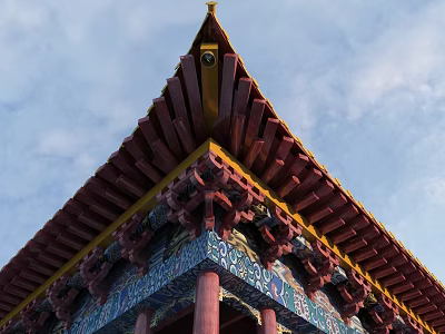 Ancient Architecture Roof With Red Tiles Golden Decorations Carved Blue Patterns Against Blue Sky 3d model
