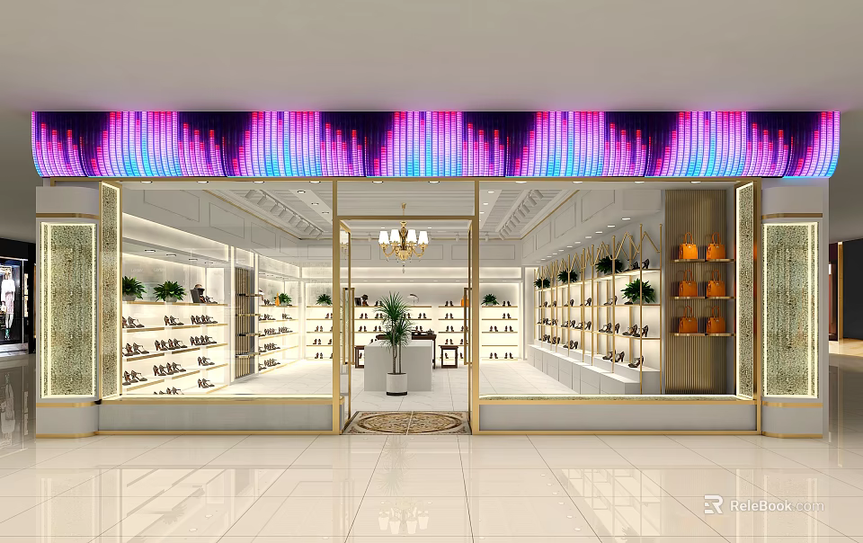 Modern Shoe Store With Neon Sign Glass Doors And Shoe Displays Chandelier Plant Decor 3d model 