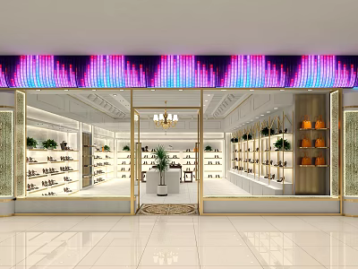 Modern Shoe Store With Neon Sign Glass Doors And Shoe Displays Chandelier Plant Decor 3d model