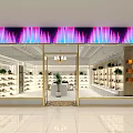 Modern Shoe Store With Neon Sign Glass Doors And Shoe Displays Chandelier Plant Decor