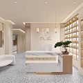 SPA Sauna Lobby Interior With Marble Reception Desk Red Beige Shelves And Green Plant