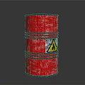 Rusty Red Oil Barrel With Black Metal Hoops And Yellow Warning Sign And Flame Symbol