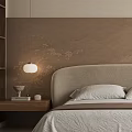 Modern Bedroom Interior With Beige Headboard Wall Curved Headboard Light Gray Bedding And Armchair