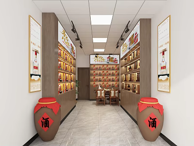 Traditional Chinese Wine Specialty Store with Large Wine Jars and Shelves of Displayed Liquors 3d model